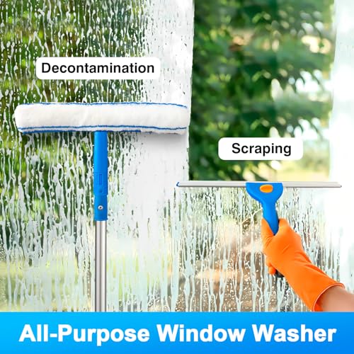 ARTIPOLY Window Cleaning Equipment with 3m Extendable Handle, 8-Section Long Pole Glass Cleaner with Silicone Squeegee & Microfiber Scrubber for Windows, Shower Glass, Mirrors, Doors & Car