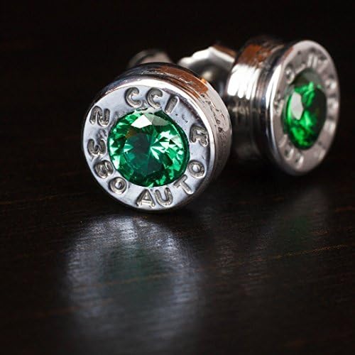 .380 Aluminum Bullet Casing Earrings Green CZ with Titanium Posts, Hypoallergenic, Nickel Free, Bullet Earring Studs