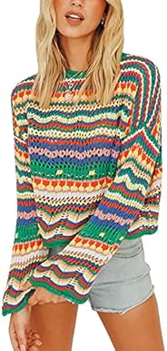 Yoawdats Women Crewneck Sweater Hollow Out Striped Crochet Y2K Tops Long Flared Sleeves Knitwear Casual Pullov