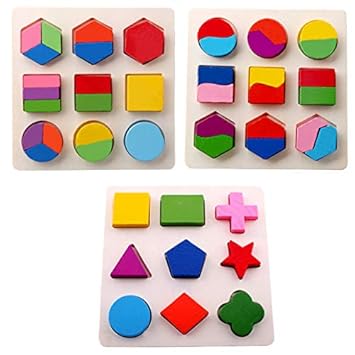 Crazy Crafts Wooden Geometry Matching Puzzles Stacking Building Blocks Early Educational Toys (Set of 3 Boards)