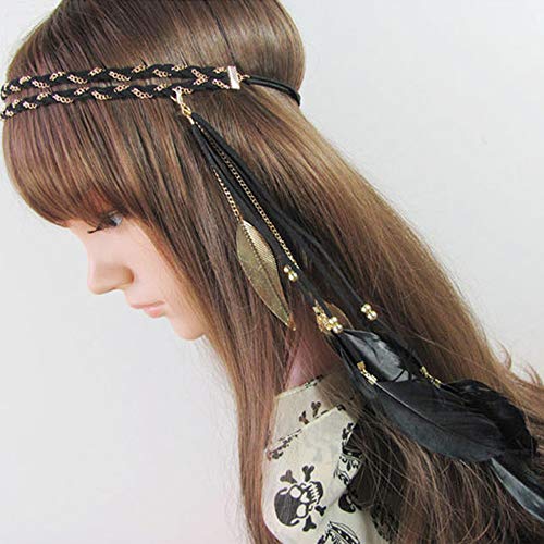 Feather Headband Hippie Indian Boho Hair Bands Tassel Bohemian Halloween Hair Hoop Women Ladies Crown Hairband Party Decoration Headdress Cosplay Costume Headwear Headpiece Hair Accessories Black
