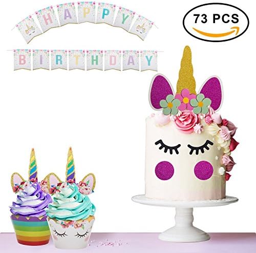 Unicorn Cake Topper Set with eyelashes, horn, ears, flowers including 24 Cupcake Toppers, Wrappers and a Happy Birthday Banner in Premium Quality, Perfect for Unicorn themed Party and Birthday Party