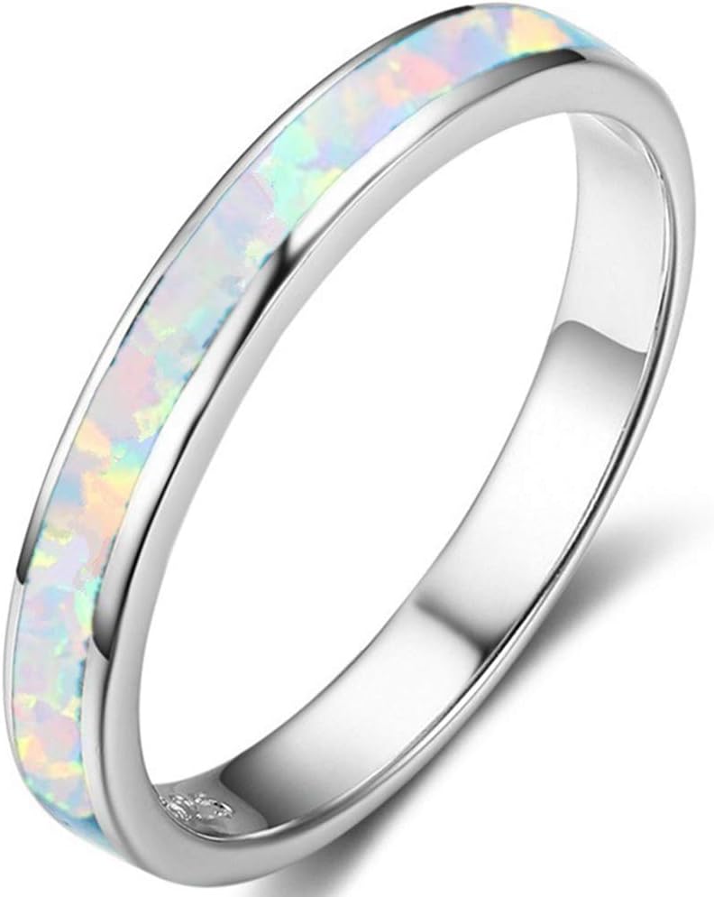 JUDEStainless Steel Fire Opal Inaly Half Eternity Wedding Band Ring (Silver White, P)