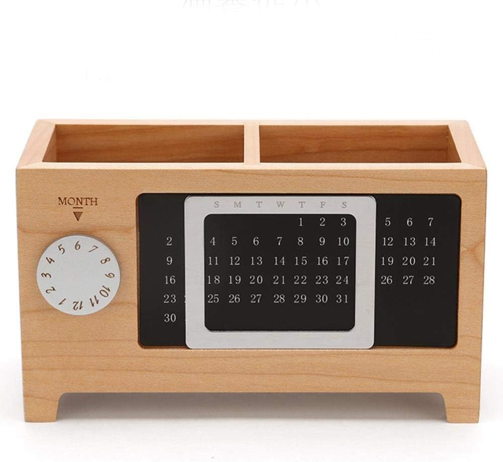 Desk Organiser with Calendar Ornaments Practical Table Wooden Pen Holder Container Two Grids Rectangular Storage Box