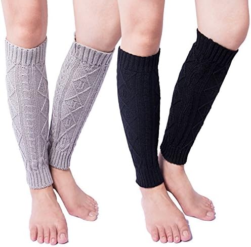 2 Pack of Womens Cable Knit Leg Warmers Knitted Crochet Long Socks (one size, 2 Pair(black+gray))