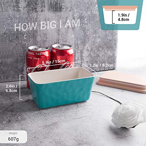Krokori Butter Dish, Stoneware Ceramic Butter Dish Butter Container Margarine Dish Covered Butter Keeper with Wooden Lid Food Storage Box for Daily Use (Aquamarine)