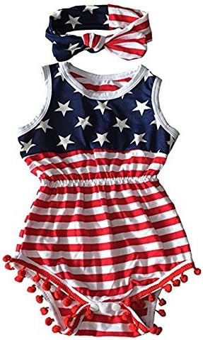Toddler Baby Girl American Flag Tassel Bodysuit Romper with Headband One-pieces Outfits Set