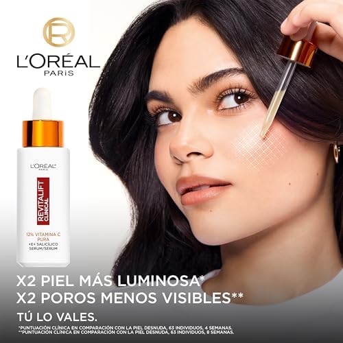 L'Oréal Paris Sérum Facial 12% Pura Vitamina C , Piel más luminosa y poros menos visibles, Reduce las arrugas, la despigmentación y los poros, Revitalift Clinical, 30 ml