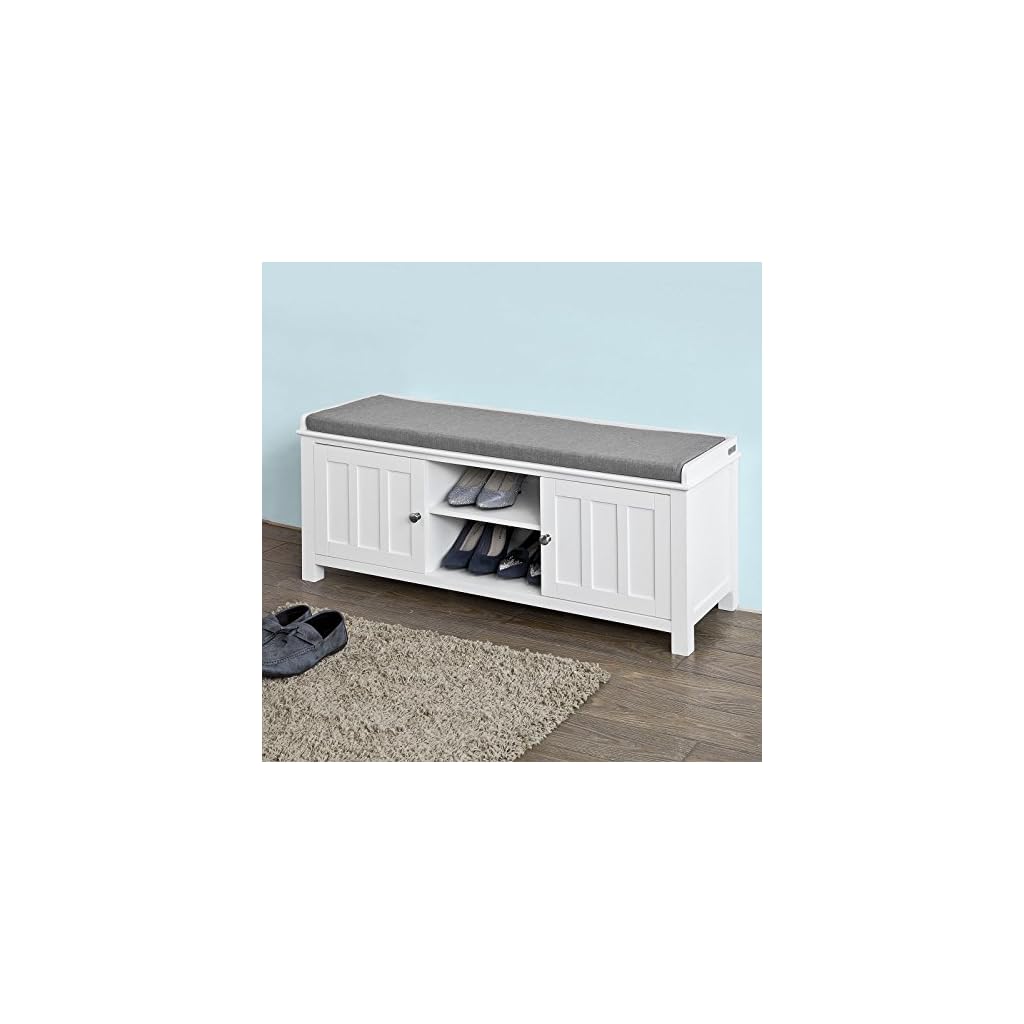 Haotian FSR35W, White Storage Bench with 2 Doors, Shelf & Removable