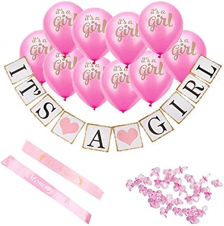 Baby Shower Decorations ~"It's A Girl" ~ Complete Set ~ 10 Balloons, 1 Banner, 2 Sashes, and 100 Small Acrylic Pacifiers as Table Confetti ~ Ideal Supplies for Gender Reveal Parties, Nurseries