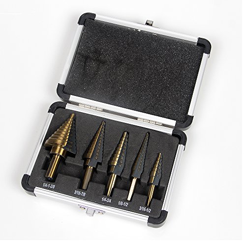 Goetland Titanium Step Drill Bits Set HSS High Speed Steel Cobalt Multiple Steps with Aluminum Case, Set of 5 pcs 50 Steps