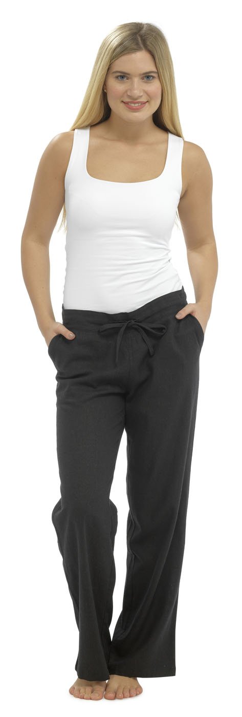 LADIES WOMENS LINEN CASUAL TROUSERS WITH POCKETS NEW 2015 DESIGN (20, Black)