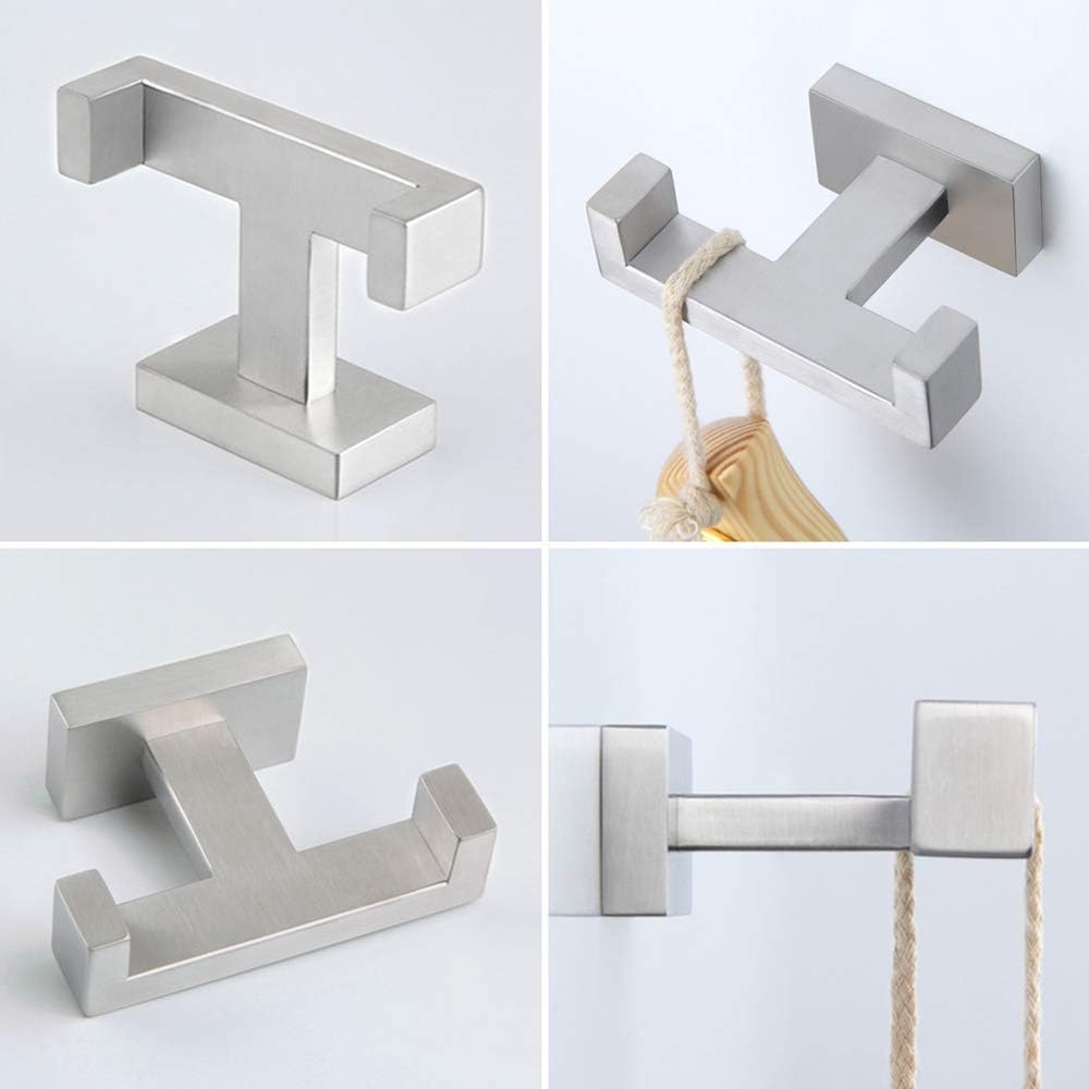 Double Towel Hook, Angle Simple SUS304 Stainless Steel Bath Towel Holder, Bathroom Double Robe Hook, Hand Towel Hanger Wall Mount, Brushed Nickel - - 