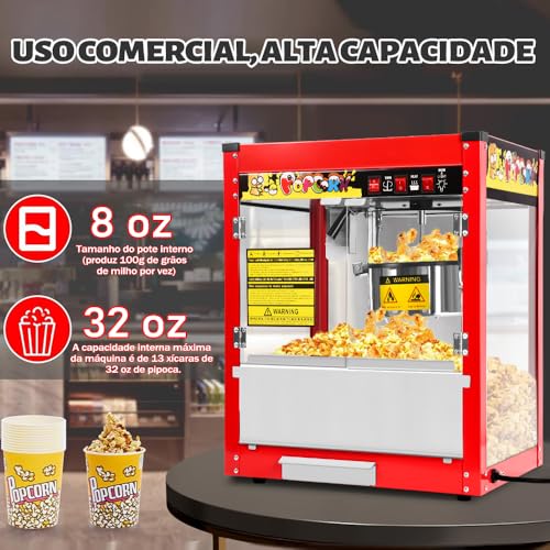 Máquina de Pipoca, 8oz Pipoqueira Eletrica 110v, 1400w, Pipoqueira Inox, Vermelho, Capacidade Extra Grande, Comporta Até 13 Xícaras de Pipoca de 32 oz