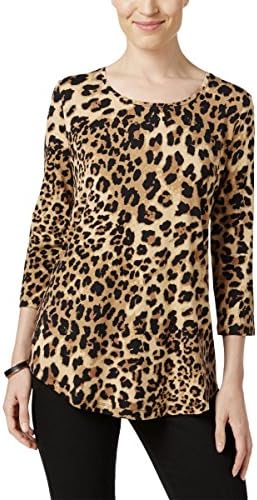 JM Collection Womens Animal Print 3/4 Sleeves Tunic Top Brown XS