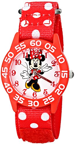 Disney Kids' W001665 Minnie Mouse Plastic Case watch, Printed Stretch Nylon Strap, Analog Display,  Red Watch