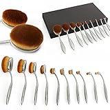 Neverland Beauty 10pcs Deluxe Silver & White Toothbrush Elite Oval Make-up Brushes Set Powder Foundation Contour with Case Box