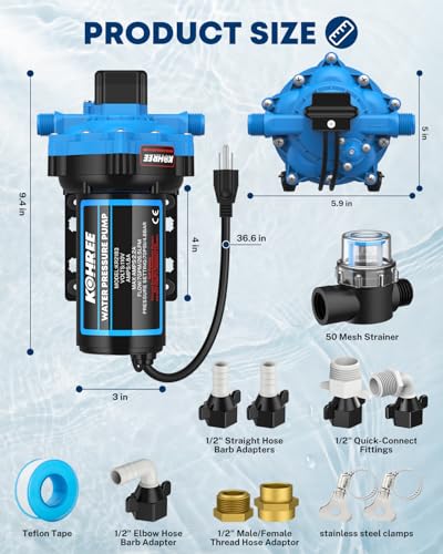 Kohree 7.0 GPM 70 PSI 110V AC Water Pressure Pump, On Demand Self-Priming RV Fresh Water Pump, 5-Chamber Diaphragm Pump with Pressure Switch and Strainer for RV, Marine, Garden, Kitchen, Bathroom