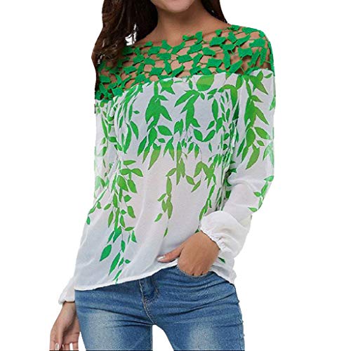 Respctful✿Women Plus Size Hollow Chiffon Blouse Long Sleeve Casual Tops Shirts Boho Leaf Printed Tunic for Woman Green - Thumbnail 6