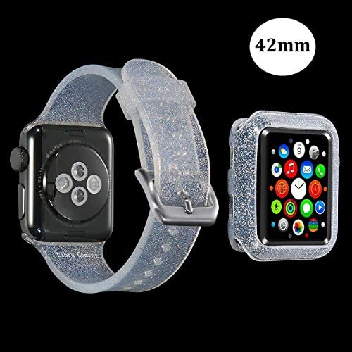 Apple Watch Band 42mm iWatch Band for Women Bling Stylish Glitter Silicone Sports Replacement Strap with Stainless Steel Metal Clasp for Apple Watch Series3/2/1 Ownace (42mm-Silver band bumper set)