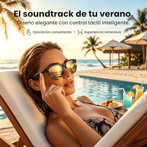 Lentes Inteligentes con Bluetooth 5.4 y Sonido de Oído Abierto, 3 Lentes Intercambiables UV400(Azul, Negro y Transparente Fotocromático) Manos Libres con Micrófono, Diseño Deportivo Ligero, 10H Música