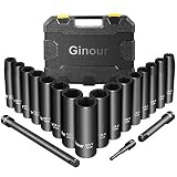 Ginour 1/2-Inch Drive Deep Impact Socket Set,19-Piece,Metric, CR-V, 6 Point, 8mm - 24mm,16-Sockets