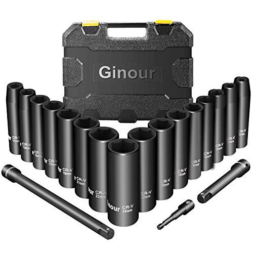 Ginour 1/2-Inch Drive Deep Impact Socket Set,19-Piece,Metric, CR-V, 6 Point, 8mm - 24mm,16-Sockets