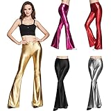 IWEMEK Women Shiny Metallic Flare Bell Bottom Bootcut Palazzo Leggings 70s Disco Wide Leg Pants Slim High Waist Yoga Trousers