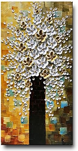 Okbonn White and Gold Flower Oil Painting on Canvas Wall Art Hand Painted Art Stretched and Framed Artwork Abstract Paintings for Living Room Bedroom Dinning Room Wall Decoration (20X40 inch)