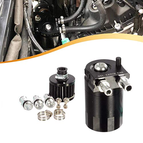 Tuijodaix Universal Baffled Oil Catch Tank Can 300ml with Breather Aluminum Compact Dual Cylinder Polish Engine Air Oil Separator Tank Reservoir Kit Black