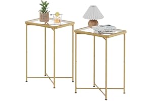 Garden 4 you Small Side Table, Glass End Table Set of 2, Gold Outdoor Side Table with Metal Frame, Mini Bedside Table for Living Room, Bedroom, Patio, Small Space, 2pcs
