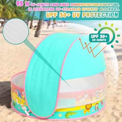 Baby Paddling Pool with Roof, Pop-Up Beach Shelter, Baby UV Protection 50+ with Storage Bag, 4-in-1 Portable Baby Pool with Sun Protection, Summer Must-Haves for Beach, Holiday, Camping and Picnic