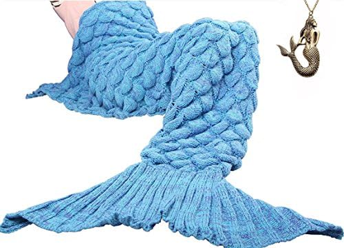 YHCHOO Mermaid Tail Blanket For Kids Teens Adult Handmade Wave Mermaid Blankets Crochet Knitting Blanket Seasons Warm Soft Living Room Sleeping Bag Best Birthday Christmas gift 74''x35'' (B-Blue)