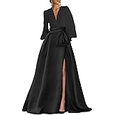 Satin Long Sleeves Prom Gown V Neck Slit Mother of The Bride Dresses for Wedding Bridesmaid Dresses with Pockets