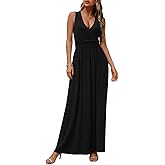 CATHY Women's Casual Sleeveless Deep V Neck Beach Waist Maxi Dresses with Pockets