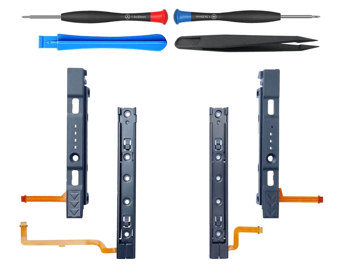 ElecGear Slide Rail Replacement for Nintendo Switch and Joy Con Controller, Left and Right Metal Track for Console and Plastic Slider Bar for Joy-con with Flex Cable Connector Repair Part Assembly