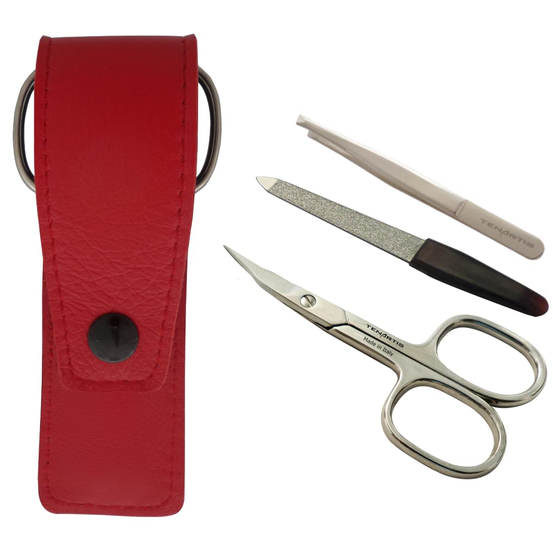 3-Piece Manicure Set with Nail Scissors, File & Tweezers in Genuine Leather Pouch - Tenartis Made in Italy (Red)
