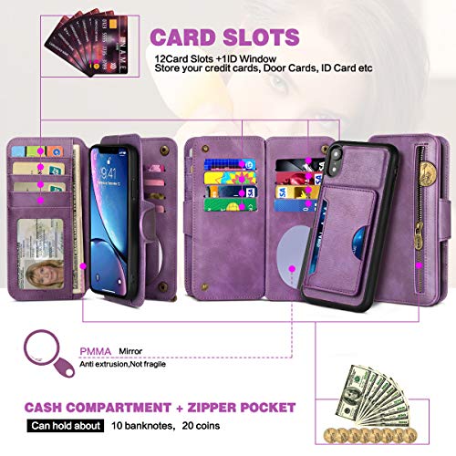 CORNMI iPhone XR Wallet Case, 13 Card Holders Crossbody Wrist Strap Mirror Kickstand Detachable Purse Leather Folio Zipper Pocket Flip Protective Cover