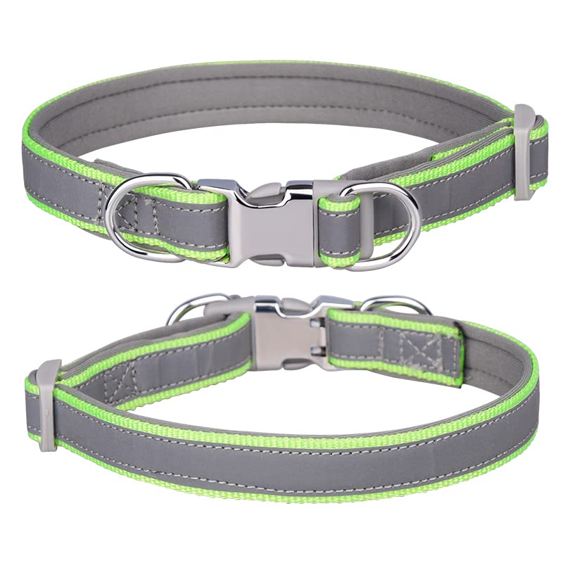 haoyueer Reflective Nylon Dog Collar with Safety Buckle, Adjustable Pet Collars with Soft Neoprene Padding for Small/Medium/Large Dogs (S fit neck 26-42cm, Green)
