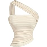 Milumia Women's One Shoulder Halter Tops Mesh Ruched Sleeveless Going Out Crop Tank Top