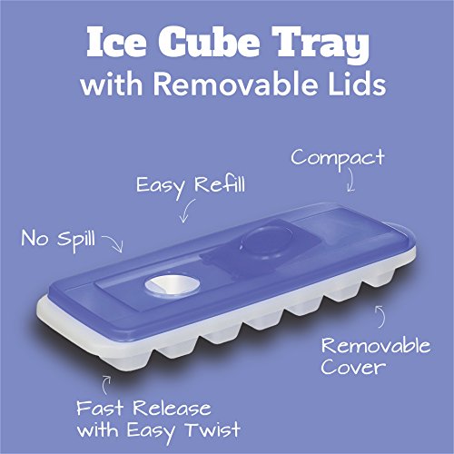 BloominGoods Ice Cube Trays with Lids | Stackable, No Spill, Covered Ice Cube Tray Set with Removable Covers | White & Blue - Pack of 2