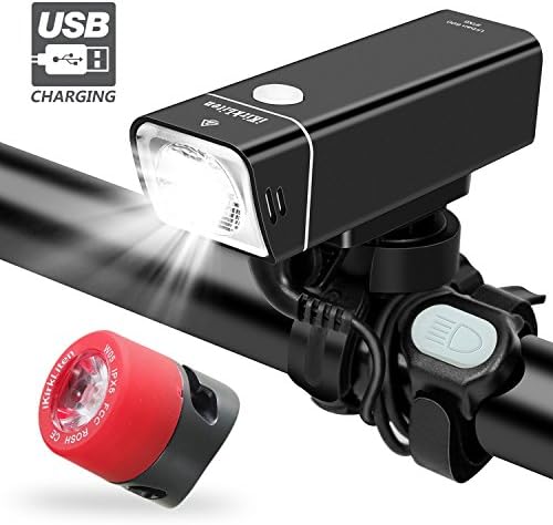 iKirkLiten 2019 USB Rechargeable Bike Light Set, Super Bright Bike Headlight, Free LED Bike Taillight Included, IPX6 Waterproof Bicycle Light w/Remote Control Button, 5 Lighting Mode