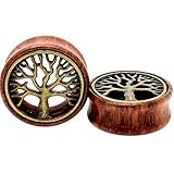 TOPBRIGHT® Pair Wood & Brass Tree of Life Flesh Tunnels Expander Ear Gauges Earring Plugs