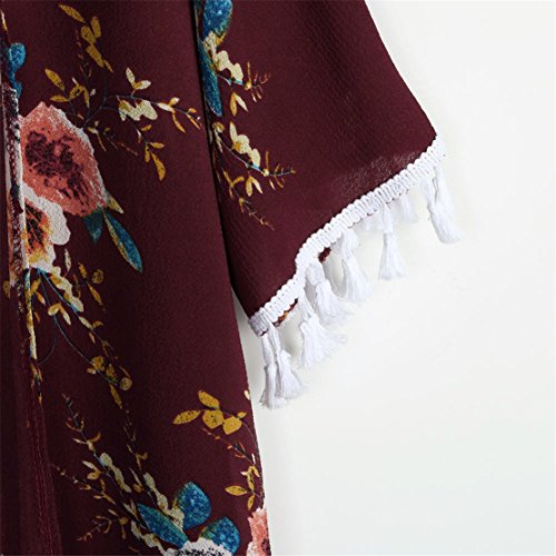 Mose Ladies Cardigan Womens Spring Short Sleeve Print Floral Tassel Tops Blouse Open Front Outerwear (,Wine Red, S)