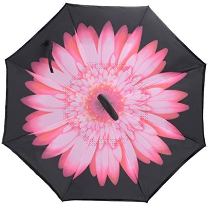 Inversted umbrella, Hengxin super light inversed double canopy windproof red umbrella with carry bag UV Protection sun ray blocker (Rose Daisy)