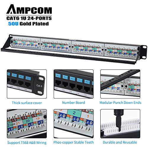 AMPCOM Supreme Series CAT6 Patch Panel, 50μ Gold Plated, 1U 24-Port Rackmount or Wallmount Punch Down Patch Panel, Cable Management Panel, Label Board, RJ45, 568A 568B