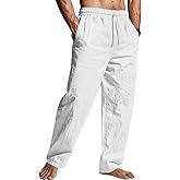 QOSOQ Men's Casual Linen Pants Loose Fit Drawstring Waist Lightweight Men Linen Summer Beach Long Pants Yoga