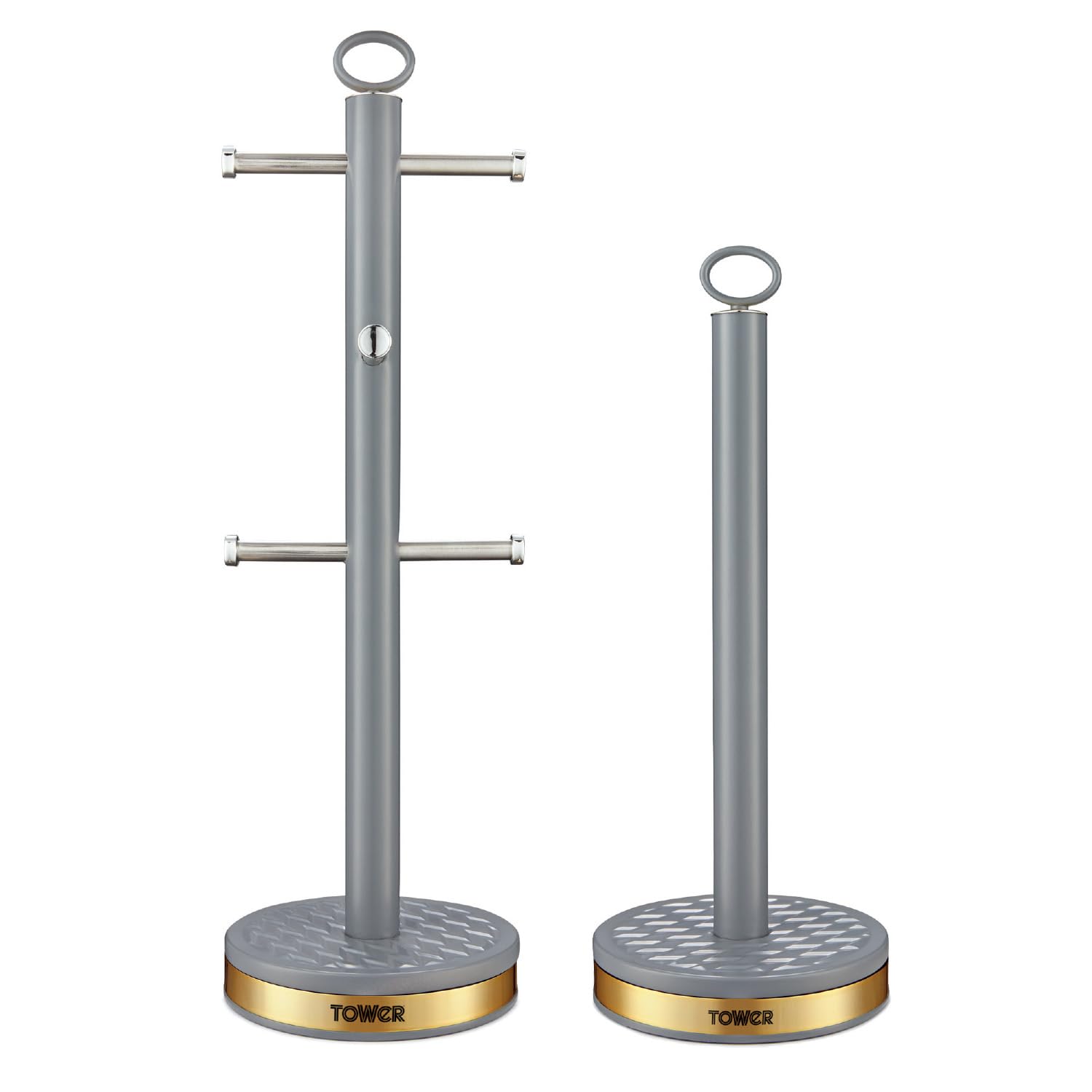Tower Empire Mug Tree and Towel Pole Set, Stainless Steel, Anti-Slip, Grey and Brass