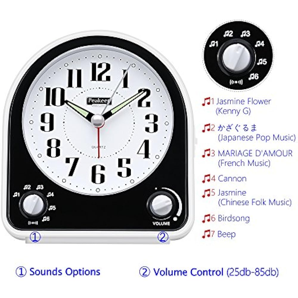 NonTicking Silent Alarm Clock, Optional 7 Wakeup Sounds With Volume