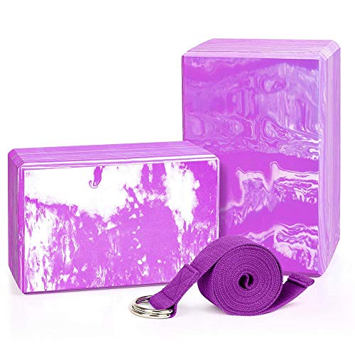 QF Yoga Blocks Plus Yoga Strap with Metal D-Ring, 9″x6″x4″ 2 Pack Eco-Friendly EVA Foam Block – High Density Exercise Brick Soft Non-Slip Surface for Yoga, Pilates, Meditation, Workout, Fitness & Gym